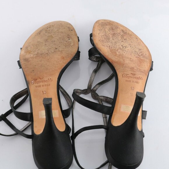 Faconnable Womens Sandal Size 10 Black Satin Strappy Caged High Heel Dress Shoe - Picture 11 of 12